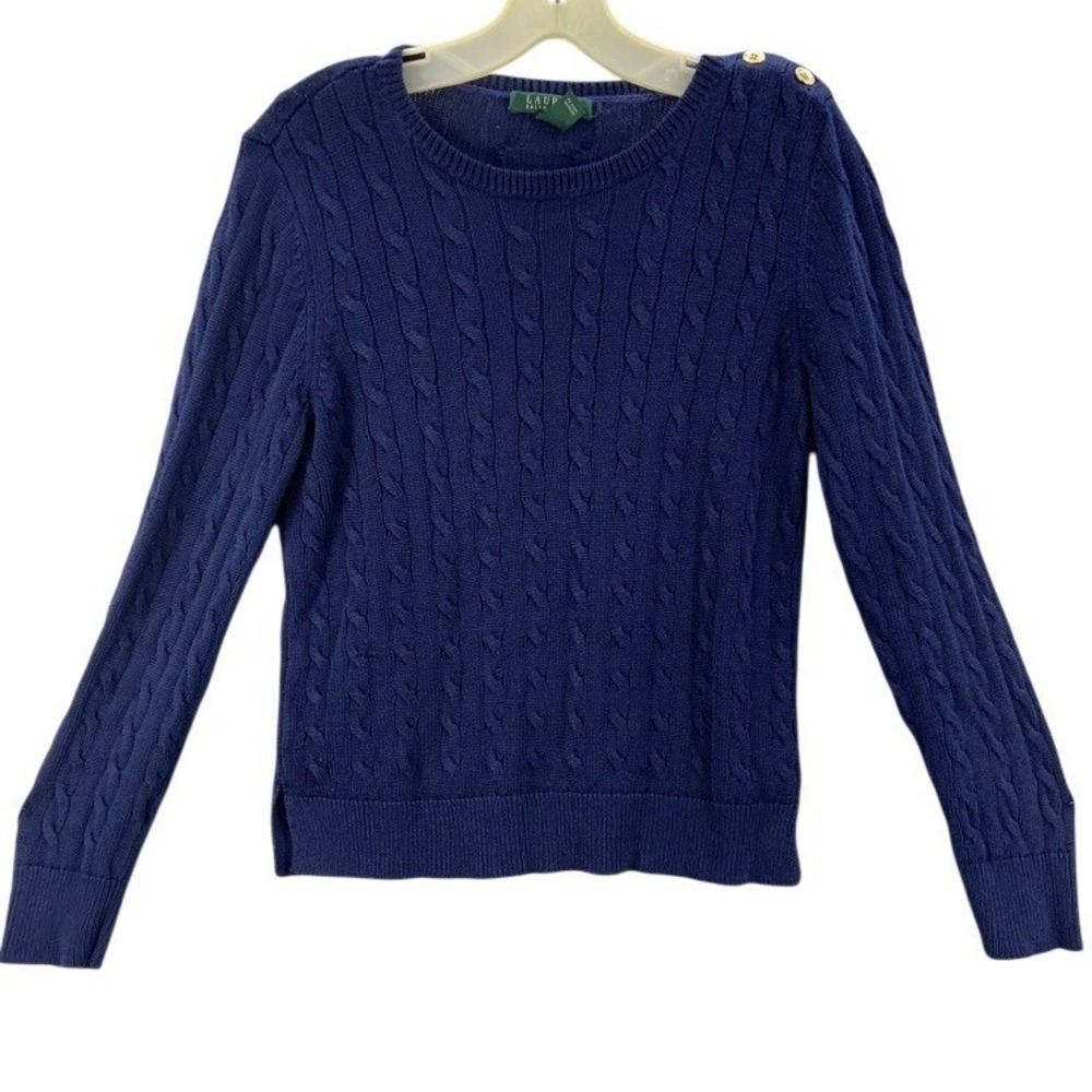 Lauren Ralph Lauren Sweater Womens Medium Navy Blue Cable Knit Gold Buttons